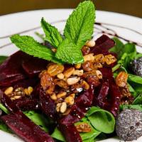 Lunch Red Beet Salad · Baby spinach, red beet, pine nuts, raisin, goat cheese, mint, poppy seeds and EVOO.