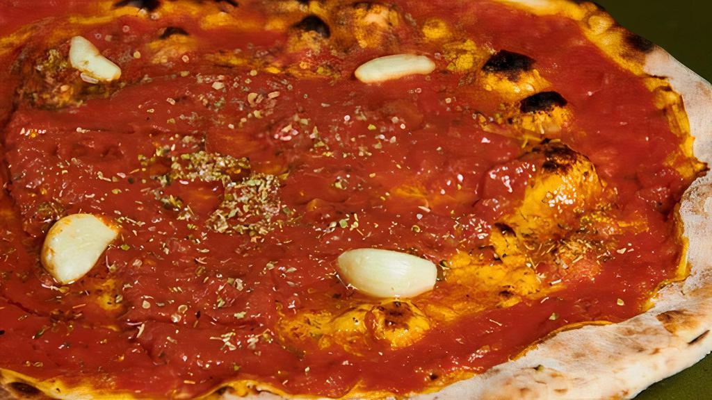 Vegan Marinara Pizza · Tomato Sauce with garlic, oregano, extra virgin olive oil infusion.