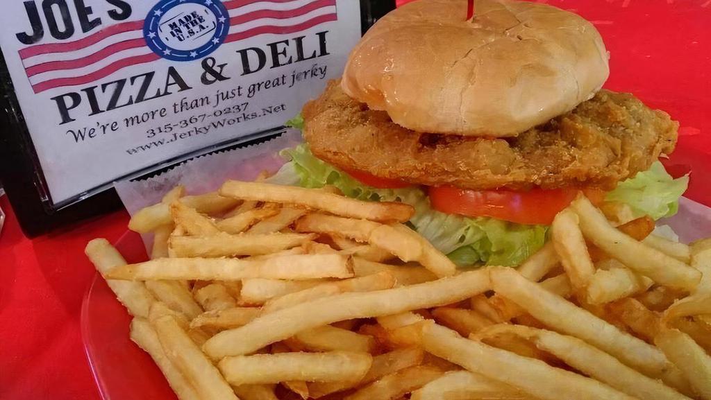 Crispy Chicken Sandwich · Served with Lettuce, tomatoes, ranch and fries.