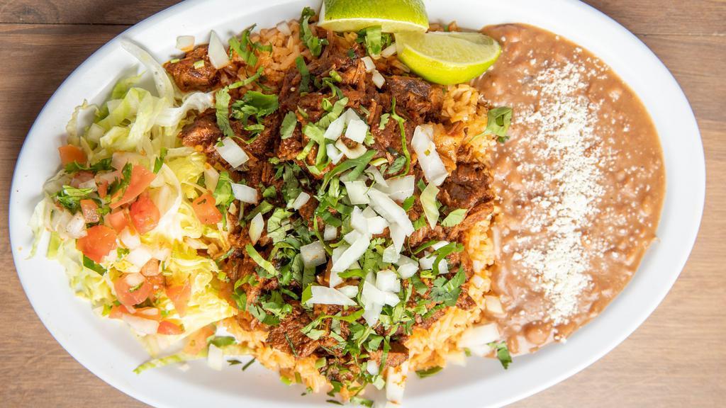 Plato De Birria · Braised beef served with corn tortillas Rice, beans, cotija cheese, and salad.