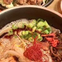 Tonkotsu · Pork broth, thin noodles, sliced pork belly, scallions, kikurage mushrooms and black garlic ...