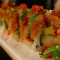 Green River · Shrimp tempura, avocado inside, spicy tuna, crabmeat, seaweed salad, caviar on the top with ...