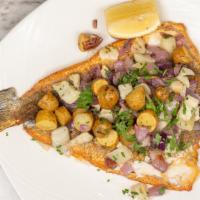 Branzino · whole fish (nohead,no tail) pan seared, served with fingerling potatoes and caramelized onio...