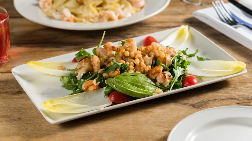 Avocado San Pietro · Baby shrimp, arugula, grape tomatoes, cannellini beans and champagne mustard sauce.