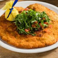 Chicken Milanese · Sauteed breaded chicken with arugula & tomatoes