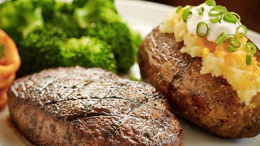 6-Oz Usda Choice Sirloin · 6-oz USDA Choice Sirloin,  fire grilled to your liking with your choice of sauce. Served with 2 regular sides.