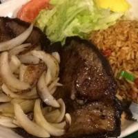 Tenderloin Steak, Special Fried Rice And Salad · Special rice has shrimps pork ham and scallions.
