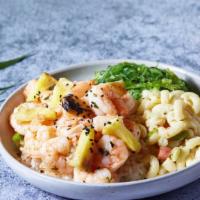 Garlic Shrimp Bowl · Lemon garlic butter shrimp simmered in olive oil over choice of base and salad