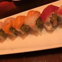 Rainbow Fancy Roll · Crabmeat with cucumber topped with tuna or salmon or white fish.