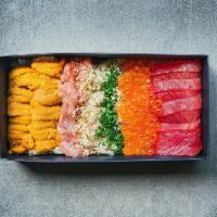 Tekka Don · Akami sashimi with toro tartare, uni, ikura, shiso and puffed rice