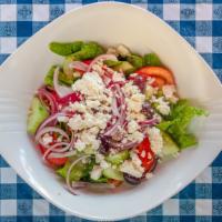 Greek Salad · Traditionally prepared with cucumbers, tomatoes, onions, olives, Kalamata olives & feta chee...