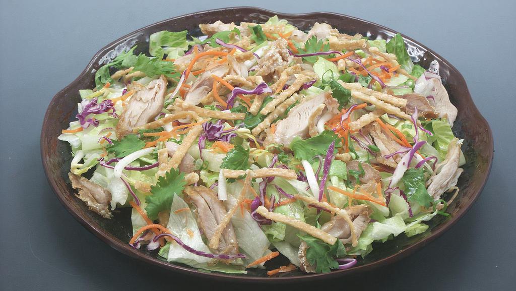 Oriental Chicken Salad · Chilled Iceberg Lettuce, Red Cabbage, Carrot, Bean Sprouts, Chinese Parsley and Crunchy Fried Chicken Tossed with Our Tangy Chuka Dressing and Topped with Green Onion & Crispy Fried Wonton Strips.