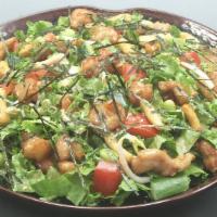 Mochiko Chicken Salad · Tender Leaf Lettuce. Tomatoes. Cucumber, Bean Sprouts. Edamame Green Onion, Kaki-Mochi Crout...