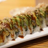 Godzilla Roll · Shrimp & green onion tempura, avocado, ahi with volcano sauce topped with unagi sauce & shav...