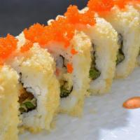 Crunchy Tempura Roll · Shrimp tempura, avocado, volcano sauce, crunchy flakes with masago.