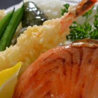 Misoyaki Salmon & Tempura Pack · Misoyaki salmon and assorted tempura served with rice and salad.