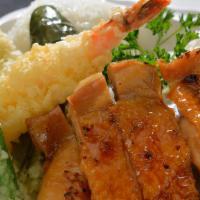 Teri Chicken & Tempura Pack · Teriyaki chicken and assorted tempura served with rice and salad.
