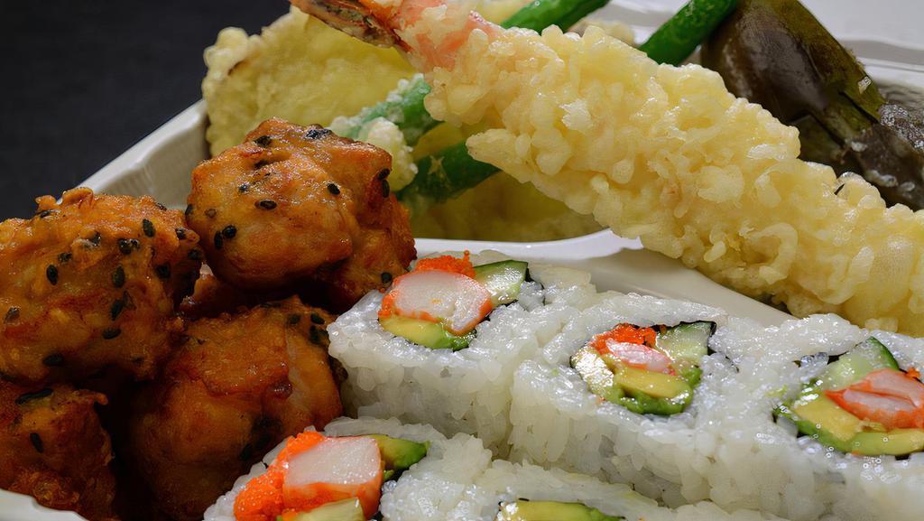 California Combo Pack · California roll and chicken karaage served with tenpura and salad.