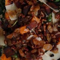 Harvest Kale · marinated kale, quinoa, bacon, brussels sprouts, roasted acorn squash (seasonal), pecans, go...