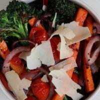 Roasted Veggies · charred broccolini, carrots, grape tomatoes and red onions topped with parmesan cheese (cal:...