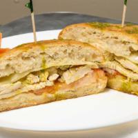Italian Chicken Panini · Grilled chicken, roasted red peppers, basil, herb mayonnaise, provolone cheese, and balsamic...