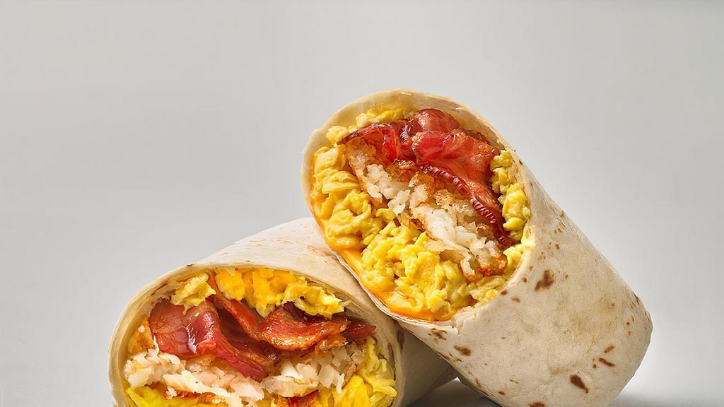 Bacon Egg & Cheese Burrito · Two scrambled eggs, bacon, hash brown and cheese on white tortilla wrap