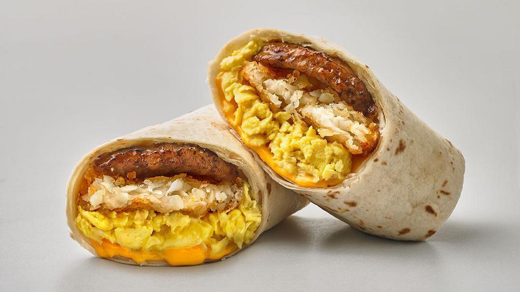 Sausage Egg & Cheese Burrito · Two scrambled eggs, sausage, hash brown and cheese on white tortilla wrap
