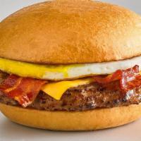 Hangover Burger · 6 oz beef burger, fried egg, bacon and American cheese on a bun