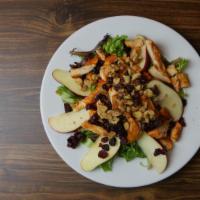 Apple Chicken Salad · Mix greens, red apple slices, walnuts, cranberries and grilled chicken served with your choi...