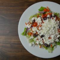 Greek Salad · Lettuce, Tomato, Raw Onion, Peppers, Cucumbers, Feta Cheese, Kalamata Olives, Oregano, Red W...