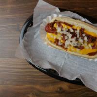 Chili Cheese Frank · Deep Friend with Homemade Chili and Sprinkled Cheddar Cheese
