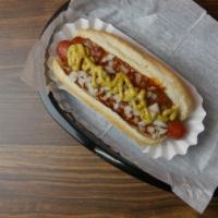 Coney Island Dog · Hot dog topped with chili, raw onions and mustard. Served boiled, fried or grilled.
