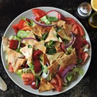 Fattoush Salad · Green and red peppers, tomatoes, scallions, red onions, cucumbers, tossed with romaine lettu...