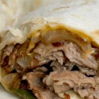 Philly Cheese Steak Wrap · Hot lean mounds of roast beef smothered in melted American cheese, grilled peppers and sauté...