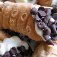 Small Cannoli · A tube-shaped shells filled with chocolate chips ricotta cream topped with powdered sugar.
