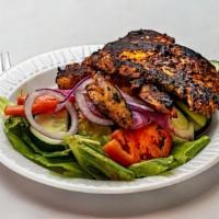 Grilled Chicken Mediterranean Salad · Grilled chicken breast over lettuce, tomatoes, cucumber, onions, feta cheese, green olives w...
