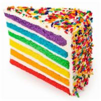 Buddy V'S Vanilla Rainbow Cake Slice (12.33 Oz) · Six layers of rainbow-colored vanilla cake filled high with a sweet vanilla icing & covered ...