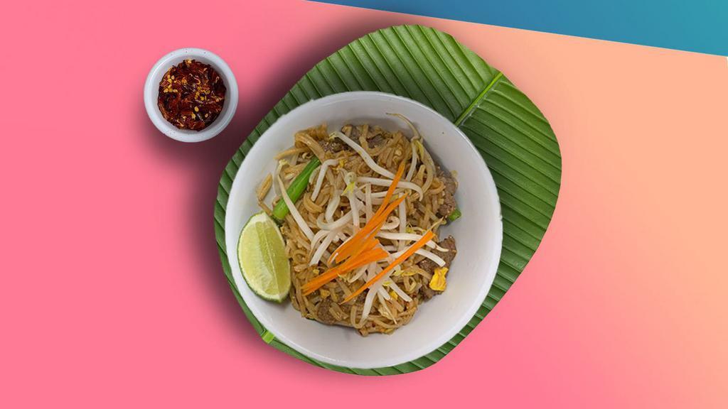 Pad Thai · Rice noodles stir-fried with egg, bean curd, bean sprouts, scallions and crushed peanuts. Served with choice of meat.