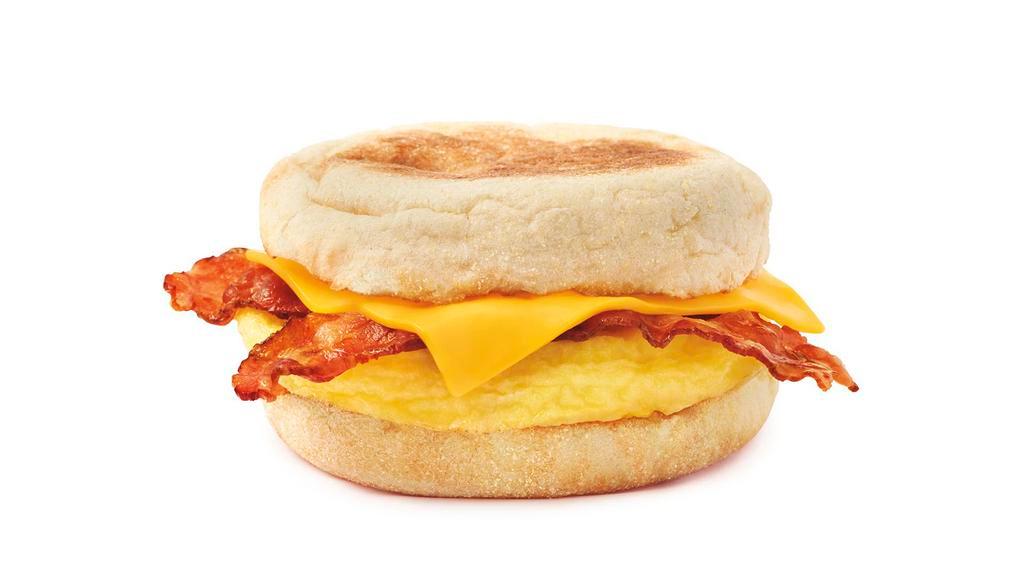 English Muffin Breakfast Sandwich · Seasoned egg omelet, your choice of sausage patty or bacon, and sliced cheddar cheese on an english muffin