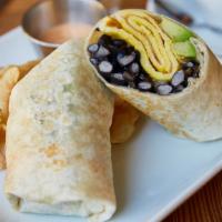 Breakfast Burrito · Eggs, Black beans, Bacon, sharp cheddar cheese, and potatoes. Wrap in a whole wheat tortilla.