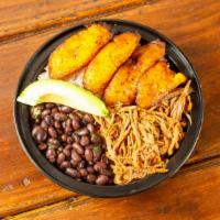 Pabellon Bowl · Beef or chicken, rice, black beans, sweet plantain, white cheese, avocado.