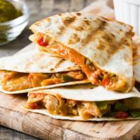 Chicken Quesadilla · Juicy marinated chicken with cheese, onions, peppers with a side of salsa and sour cream.