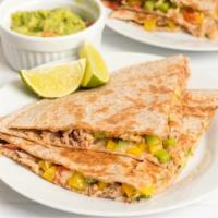 Jalapeño Chicken Quesadilla · Juicy marinated chicken with jalapeños, cheese, onions, peppers with a side of salsa and sou...
