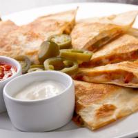 Jalapeño Cheese Quesadilla · Juicy quesadilla with jalapeños, melted cheese, onions, peppers with a side of salsa and sou...