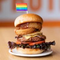 Beyond Aloha Pride Burger · Limited Time Only! House-Seasoned Beyond Burger Patty, Crispy Onion Rings, Organic Tempeh Ba...