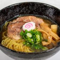 Chicken Shoyu Ramen · Clear chicken broth with shellfish soy sauce flavor and wavy yellow noodles, topped with por...