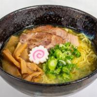 Chicken Shio Ramen · Clear chicken broth with salt flavor and wavy yellow noodles, topped with pork slices, scall...