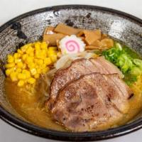 Chicken Miso · Chicken broth with homemade miso flavouring, topped with two slices of pork, scallions, menm...