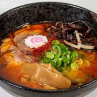 Tori Tonkotsu Spicy Ramen · Mixed chicken and pork broth with hot chili flavoring. Pork slices, menma bamboo shoots, sca...