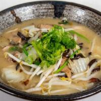 Tanmen · Pork broth with salt flavouring, white straight noodles, topped with diced pork, sauteed veg...
